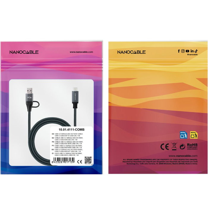 Nanocable Cable USB 3.2 Gen2x2 20Gbps 100W, USB-C+USB-A a USB-C, 1m, Gris/Negro Nanocable Cable USB 3.2 Gen2x2 20Gbps 100W, USB-C+USB-A a USB-C, 1m, Gris/Negro